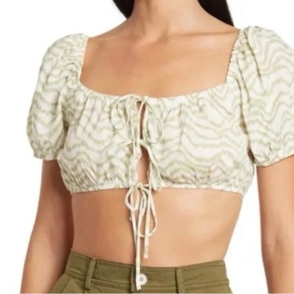 Elodie Cream and Green Patterned Puff Sleeve Crop Top